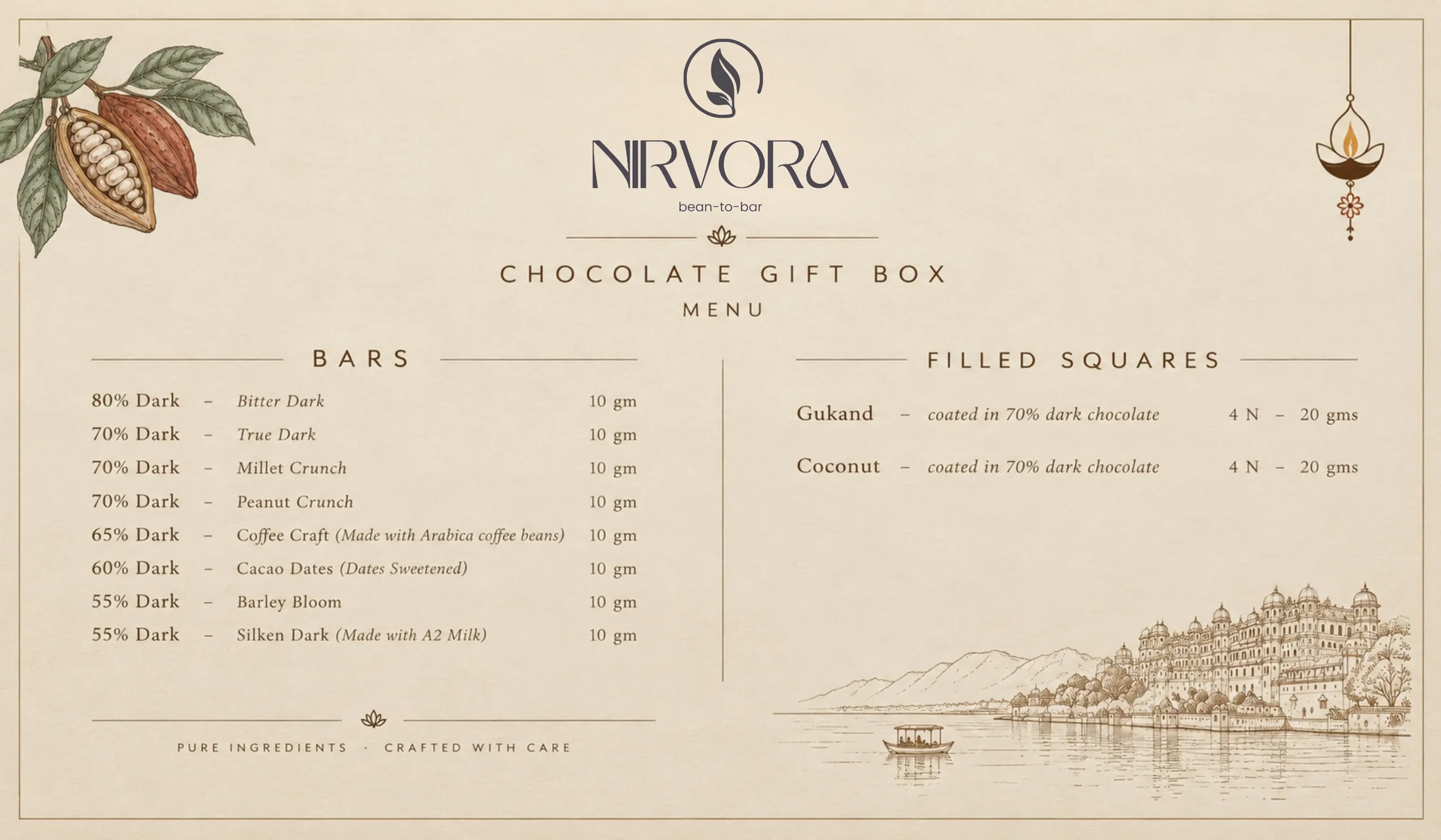 Nirvora Artisan Chocolate GiftBox: contents and menu