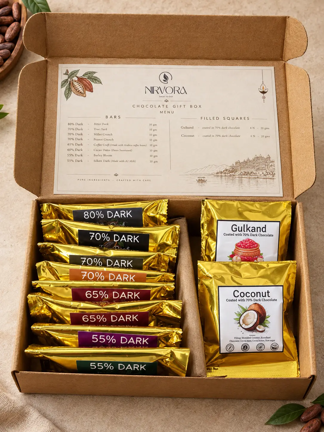 Nirvora Artisan Chocolate Gift Box: front view