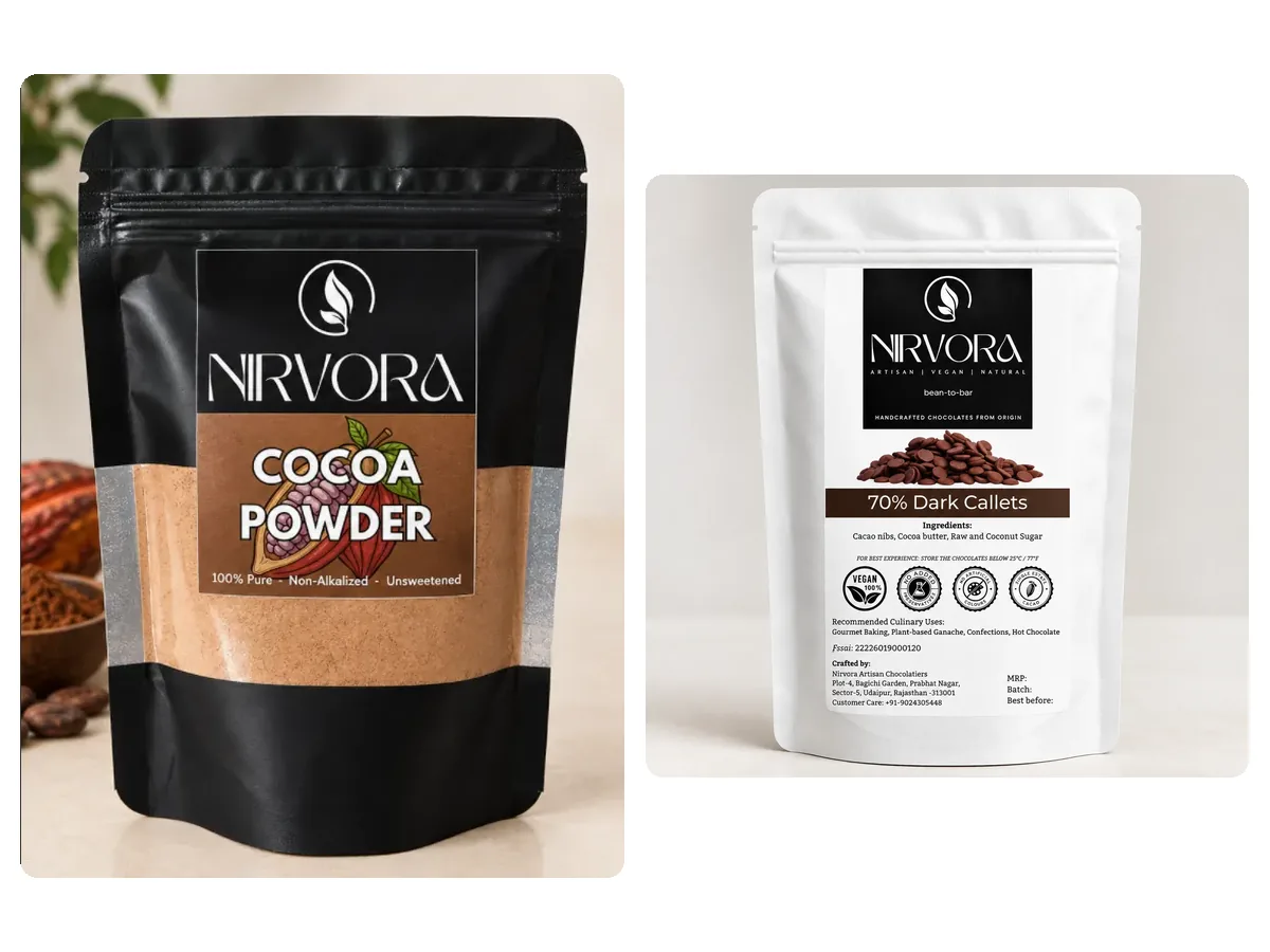 Nirvora cocoa powder and 70% dark callets for baking
