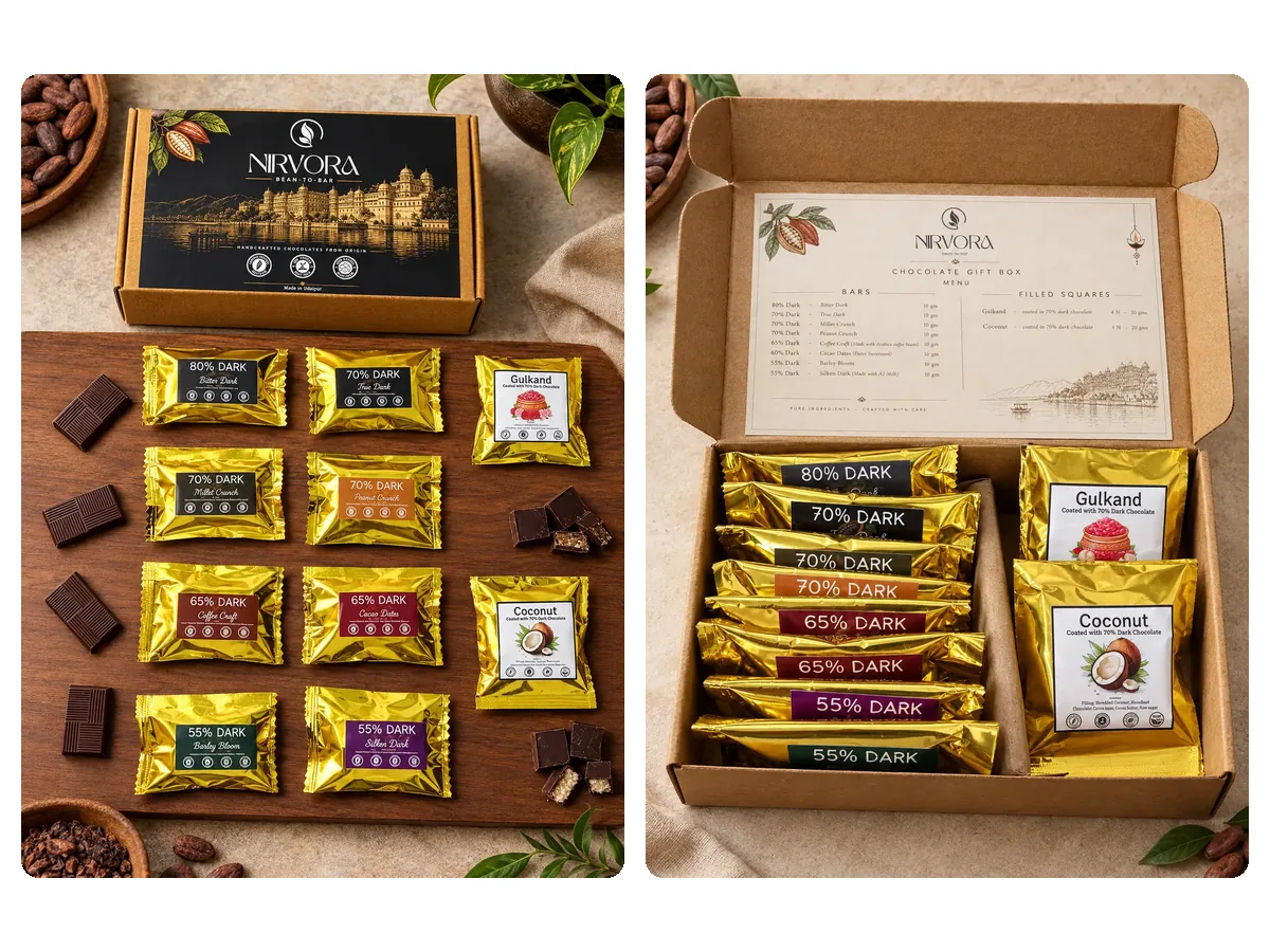 Nirvora artisan chocolate gift box, both views