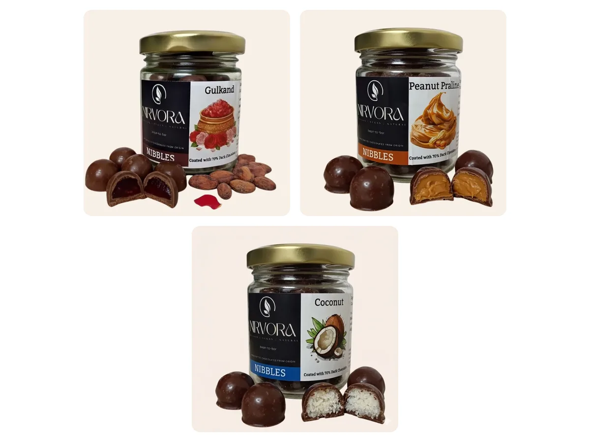 All 3 Nirvora chocolate nibbles varieties
